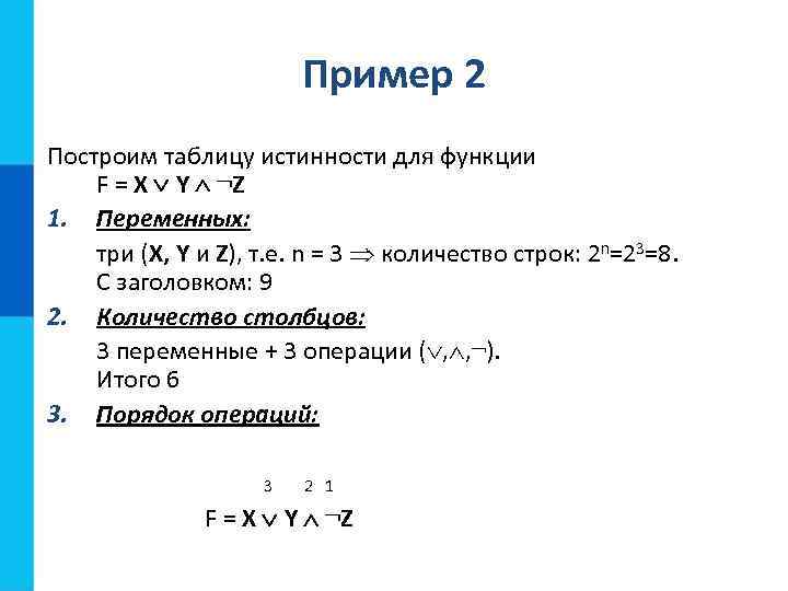 Пример 2 Построим таблицу истинности для функции F = X Y ¬Z 1. Переменных: