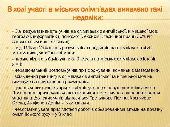 В ході участі в міських олімпіадах виявлено такі недоліки: - 0% результативність учнів на