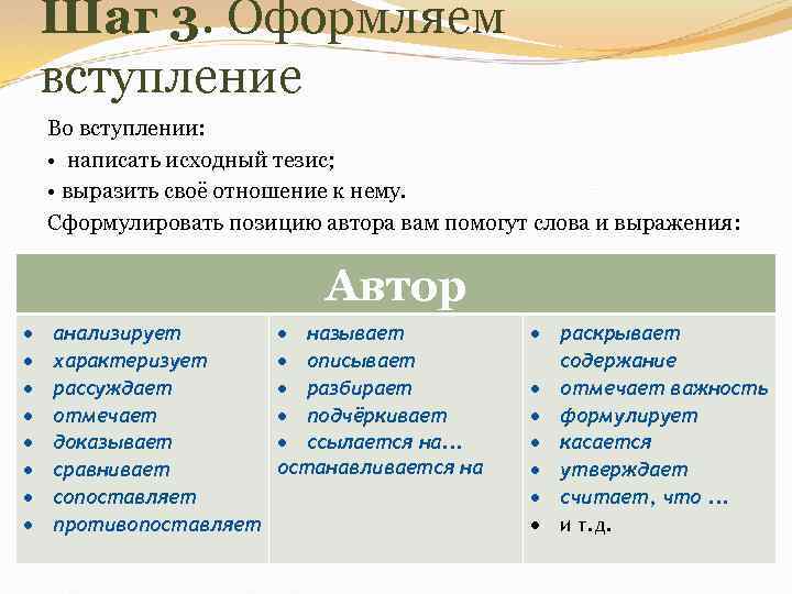 Шаг 3. Оформляем вступление Во вступлении: • написать исходный тезис; • выразить своё отношение