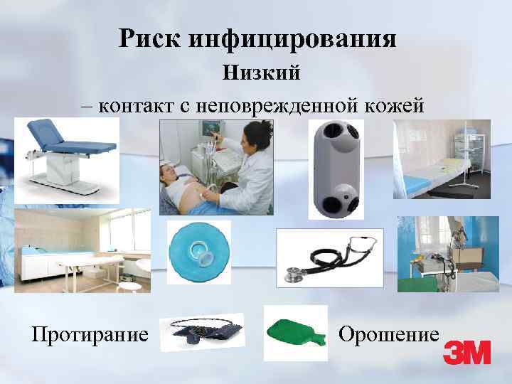 Риск инфицирования Низкий – контакт с неповрежденной кожей Протирание Орошение 
