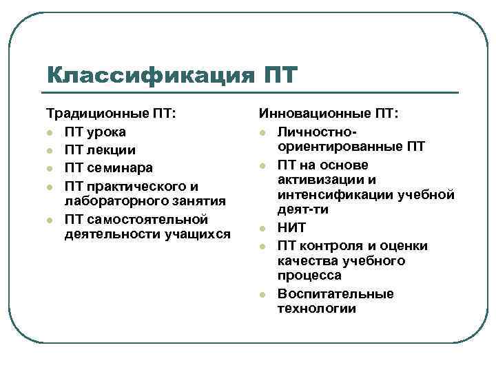 Классификация ПТ Традиционные ПТ: l ПТ урока l ПТ лекции l ПТ семинара l
