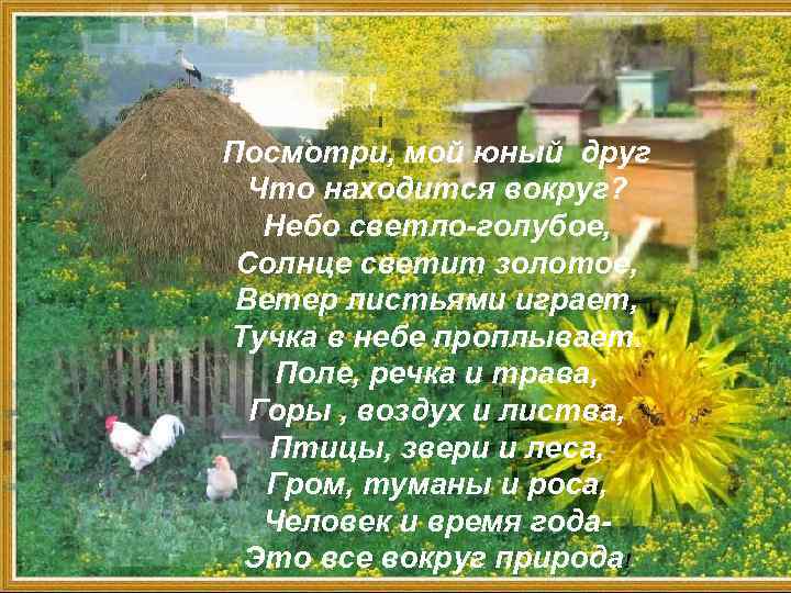 Посмотри, мой юный друг Что находится вокруг? Небо светло-голубое, Солнце светит золотое, Ветер листьями