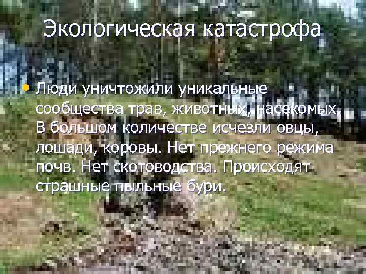 Экологическая катастрофа • Люди уничтожили уникальные сообщества трав, животных, насекомых. В большом количестве исчезли
