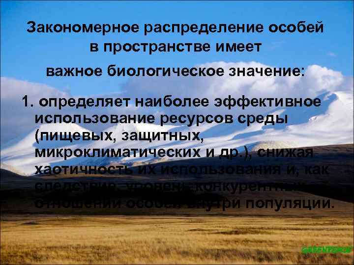 Закономерное распределение особей в пространстве имеет важное биологическое значение: 1. определяет наиболее эффективное использование
