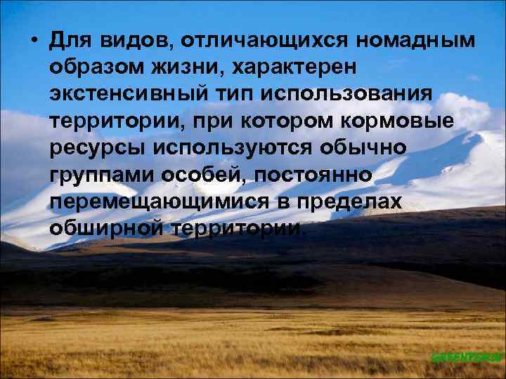  • Для видов, отличающихся номадным образом жизни, характерен экстенсивный тип использования территории, при
