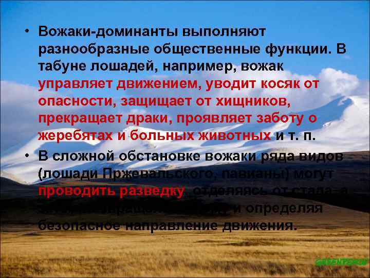  • Вожаки доминанты выполняют разнообразные общественные функции. В табуне лошадей, например, вожак управляет
