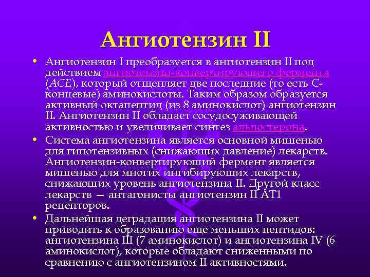 Ангиотензин II • Ангиотензин I преобразуется в ангиотензин II под действием ангиотензин-конвертирующего фермента (ACE),