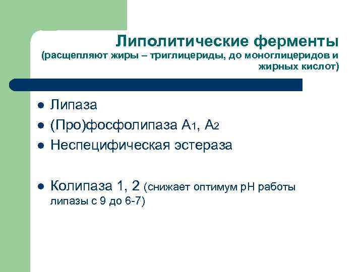 Липолитические ферменты (расщепляют жиры – триглицериды, до моноглицеридов и жирных кислот) l Липаза (Про)фосфолипаза