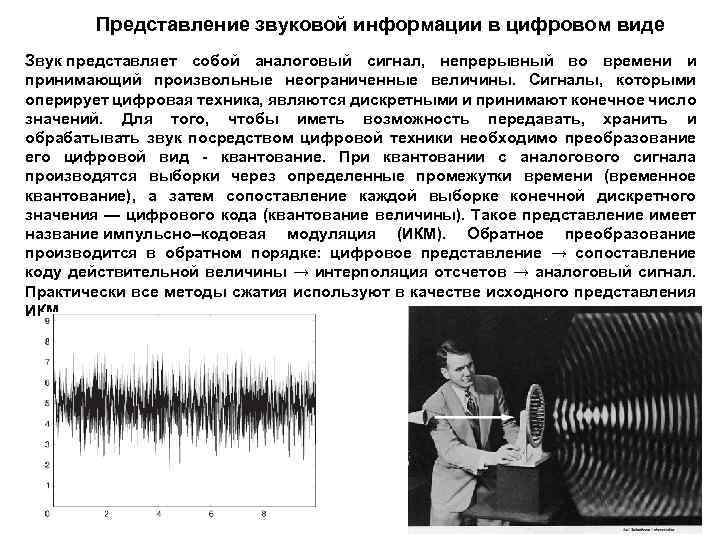 Представление звуковой информации в цифровом виде Звук представляет собой аналоговый сигнал, непрерывный во времени