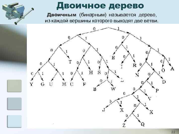Двоичное дерево Двоичным (бинарным) называется дерево, из каждой вершины которого выходят две ветви. 22