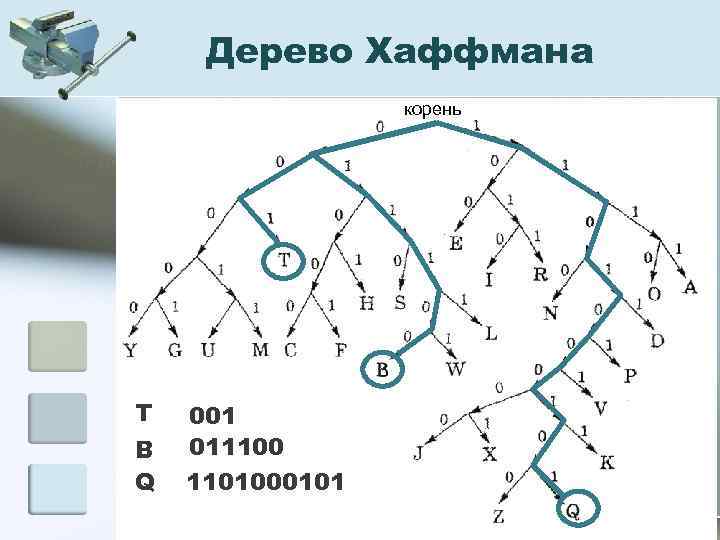 Дерево Хаффмана корень Т В Q 001 011100 1101000101 МОУ СОШ № 33 с