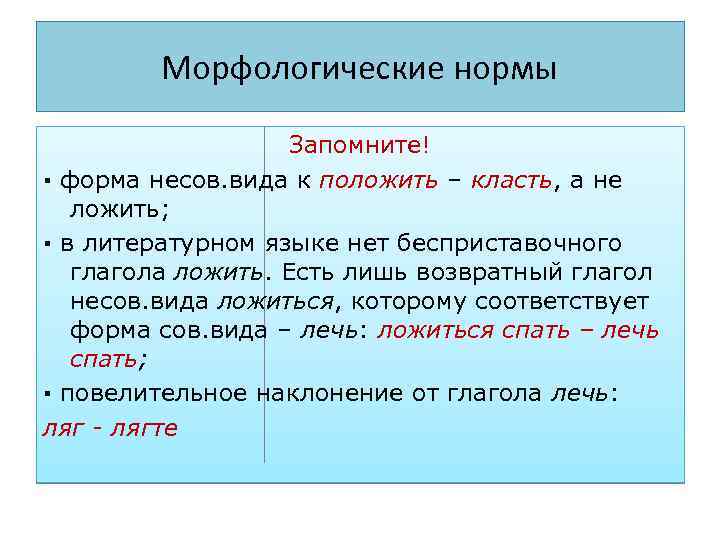 Морфологические нормы Запомните! ▪ форма несов. вида к положить – класть, а не ложить;