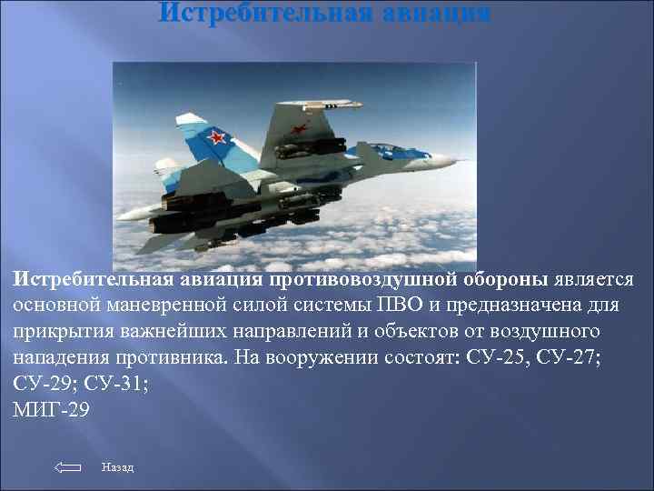 Истребительная авиация противовоздушной обороны является основной маневренной силой системы ПВО и предназначена для прикрытия