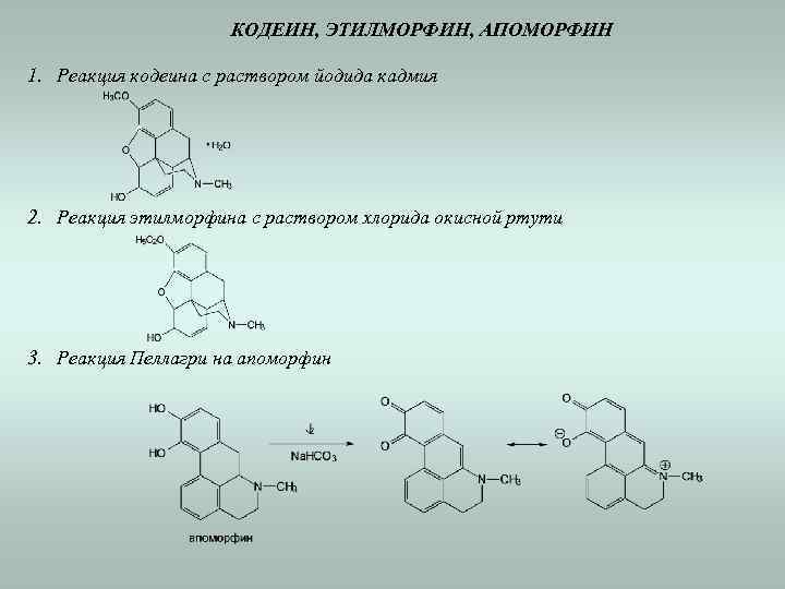 КОДЕИН, ЭТИЛМОРФИН, АПОМОРФИН 1. Реакция кодеина с раствором йодида кадмия 2. Реакция этилморфина с