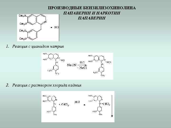 ПРОИЗВОДНЫЕ БЕНЗИЛИЗОХИНОЛИНА ПАПАВЕРИН И НАРКОТИН ПАПАВЕРИН 1. Реакция с цианидом натрия 2. Реакция с