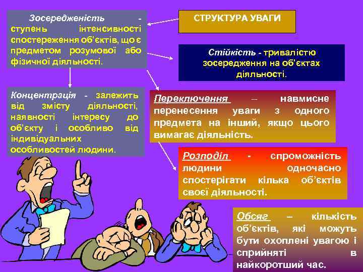 Зосередженість ступень інтенсивності спостереження об’єктів, що є предметом розумової або фізичної діяльності. Концентрація -