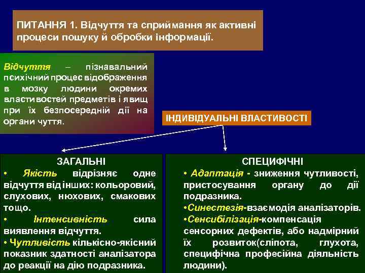 ПИТАННЯ 1. Відчуття та сприймання як активні процеси пошуку й обробки інформації. Відчуття –