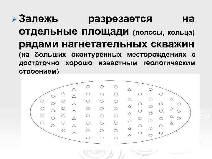 Ø Залежь разрезается на отдельные площади (полосы, кольца) рядами нагнетательных скважин (на больших оконтуренных