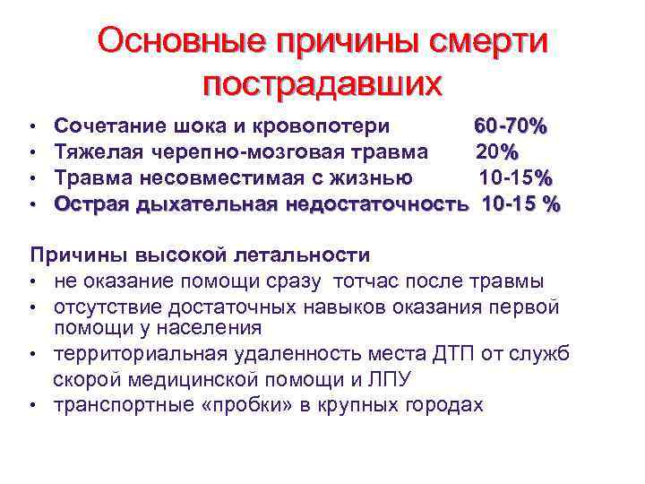 Основные причины смерти пострадавших • • Сочетание шока и кровопотери 60 -70% Тяжелая черепно-мозговая