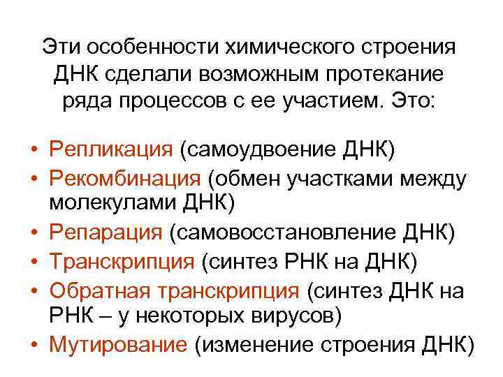 Эти особенности химического строения ДНК сделали возможным протекание ряда процессов с ее участием. Это: