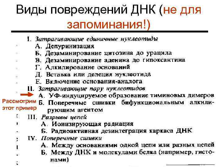 Виды повреждений ДНК (не для запоминания!) Рассмотрим этот пример 