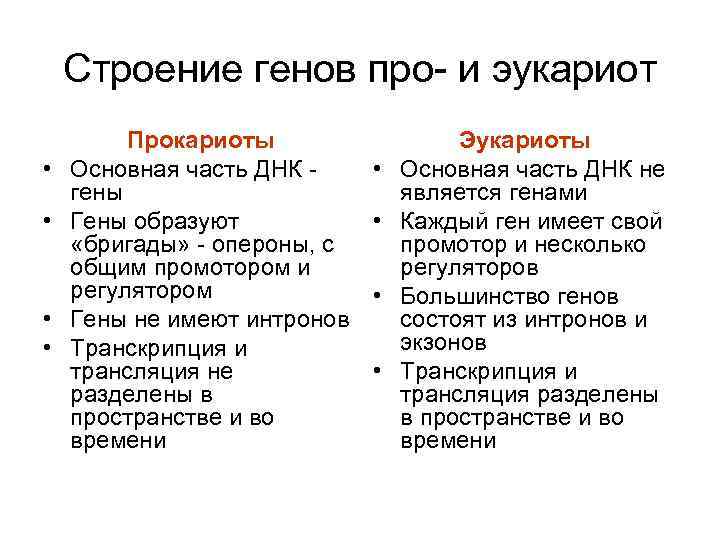 Строение генов про- и эукариот • • Прокариоты Основная часть ДНК - гены Гены