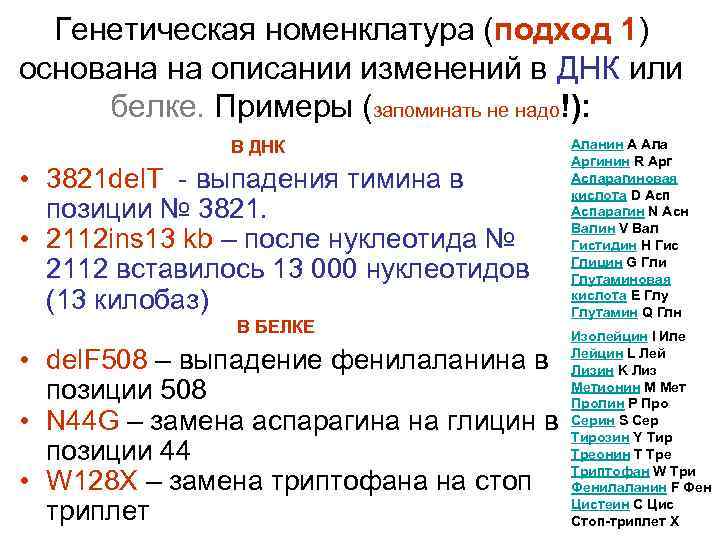 Генетическая номенклатура (подход 1) основана на описании изменений в ДНК или белке. Примеры (запоминать
