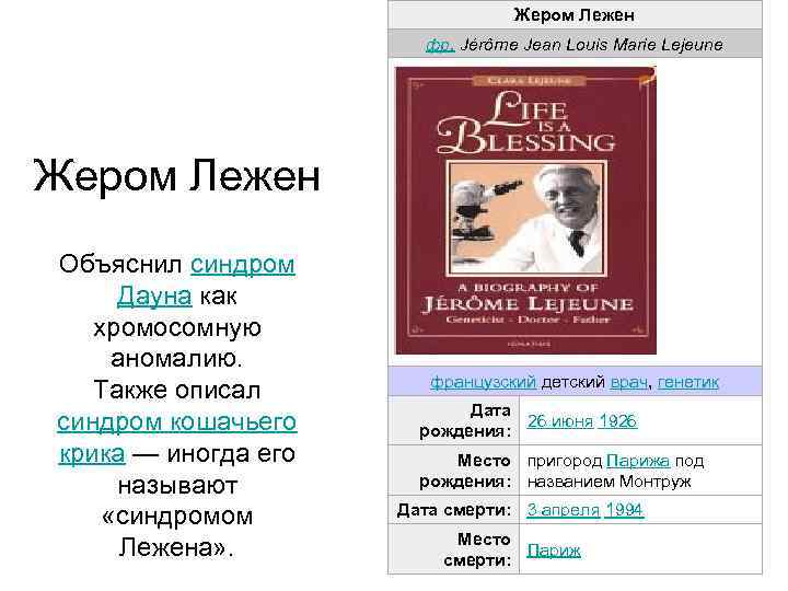 Жером Лежен фр. Jérôme Jean Louis Marie Lejeune Жером Лежен Объяснил синдром Дауна как