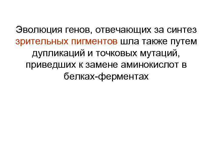 Эволюция генов, отвечающих за синтез зрительных пигментов шла также путем дупликаций и точковых мутаций,