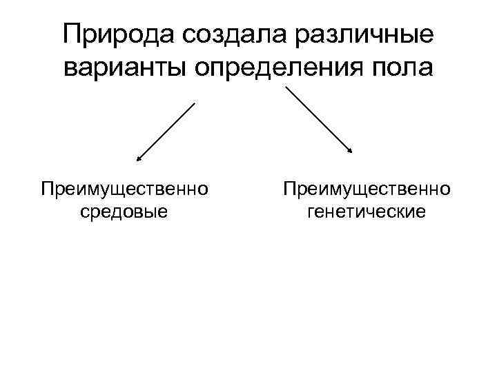 Природа создала различные варианты определения пола Преимущественно средовые Преимущественно генетические 