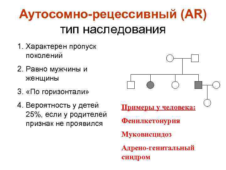 Аутосомно-рецессивный (AR) тип наследования 1. Характерен пропуск поколений 2. Равно мужчины и женщины 3.