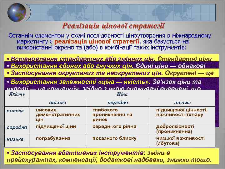 Реалізація цінової стратегії Останнім елементом у схемі послідовності ціноутворення в міжнародному маркетингу є реалізація