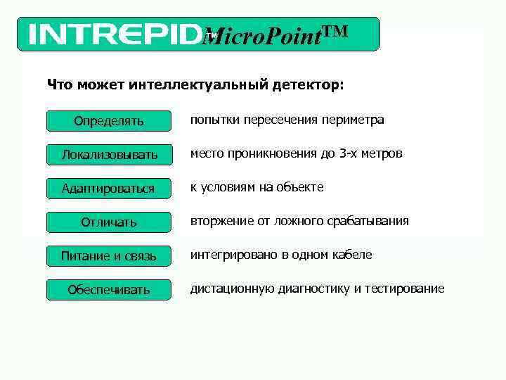 Micro. Point. TM Что может интеллектуальный детектор: Определять попытки пересечения периметра Локализовывать место проникновения