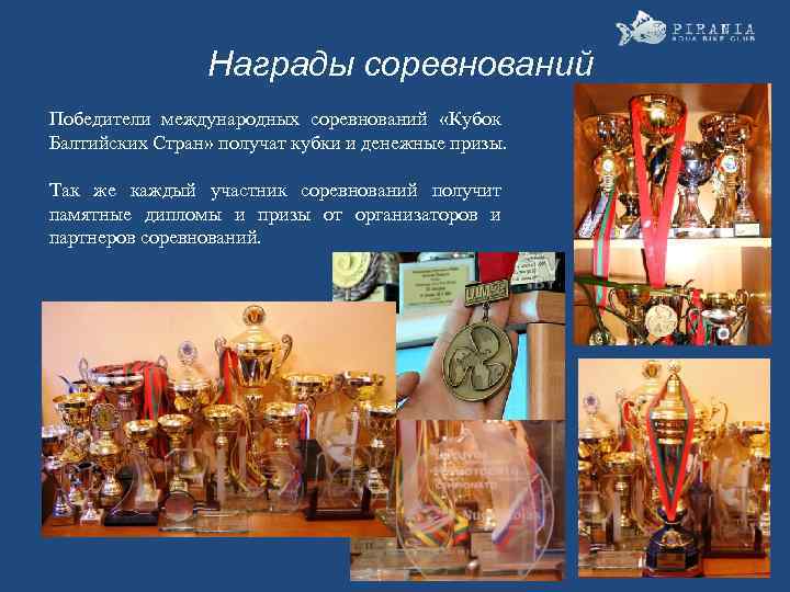 Награды соревнований Победители международных соревнований «Кубок Балтийских Стран» получат кубки и денежные призы. Так