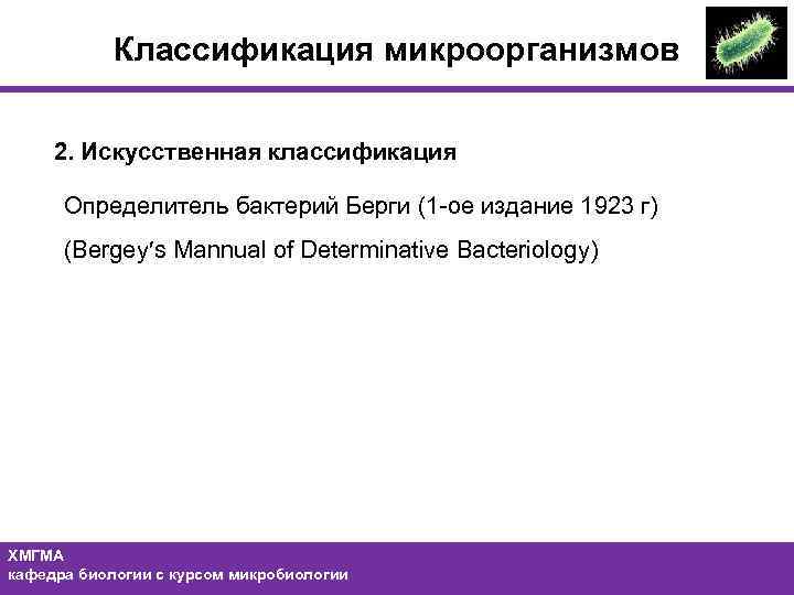 Классификация микроорганизмов 2. Искусственная классификация Определитель бактерий Берги (1 -ое издание 1923 г) (Bergey