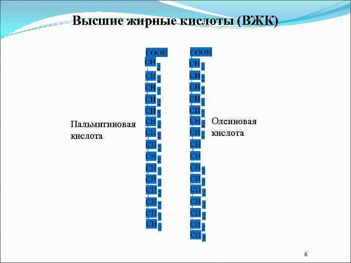 Высшие жирные кислоты (ВЖК) Пальмитиновая кислота Олеиновая кислота 6 