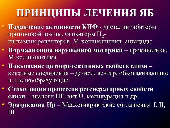 ПРИНЦИПЫ ЛЕЧЕНИЯ ЯБ • Подавление активности КПФ - диета, ингибиторы • • протоновой помпы,