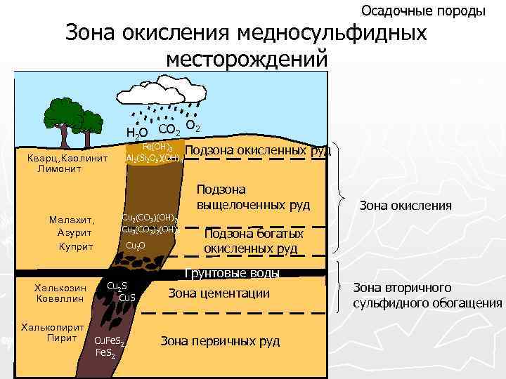 Осадочные породы Зона окисления медносульфидных месторождений O H 2 O CO 2 2 Fe(OH)3