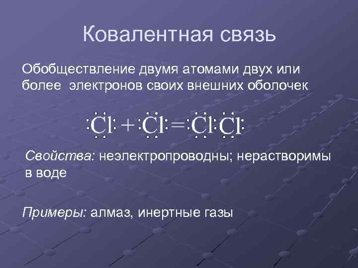 Ковалентная связь Обобществление двумя атомами двух или более электронов своих внешних оболочек Свойства: неэлектропроводны;