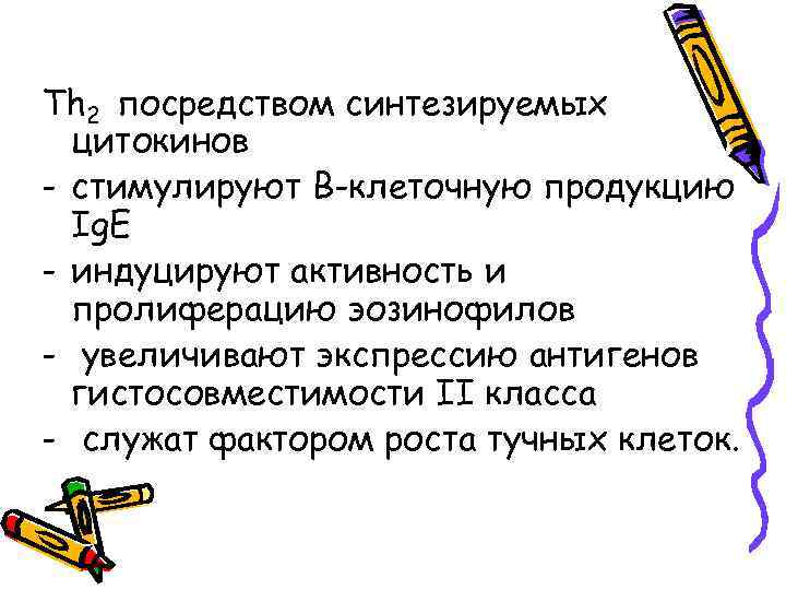 Th 2 посредством синтезируемых цитокинов - стимулируют В-клеточную продукцию Ig. Е - индуцируют активность