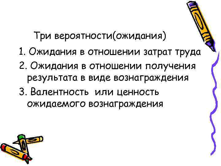 Три вероятности(ожидания) 1. Ожидания в отношении затрат труда 2. Ожидания в отношении получения результата