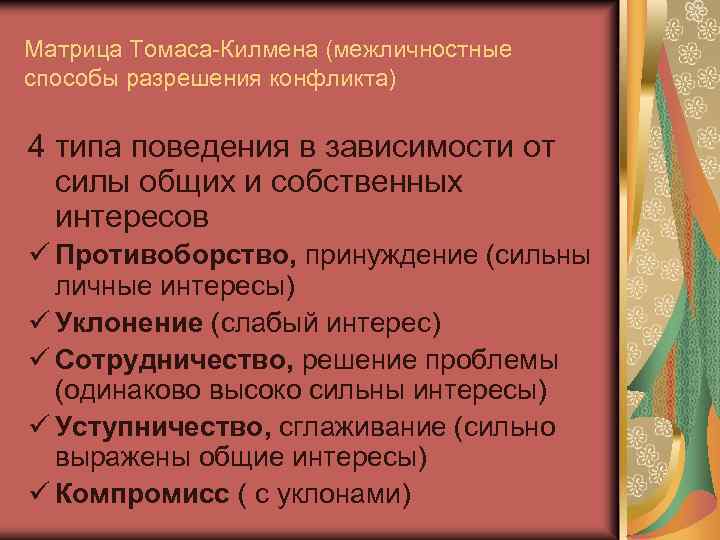 Матрица Томаса-Килмена (межличностные способы разрешения конфликта) 4 типа поведения в зависимости от силы общих
