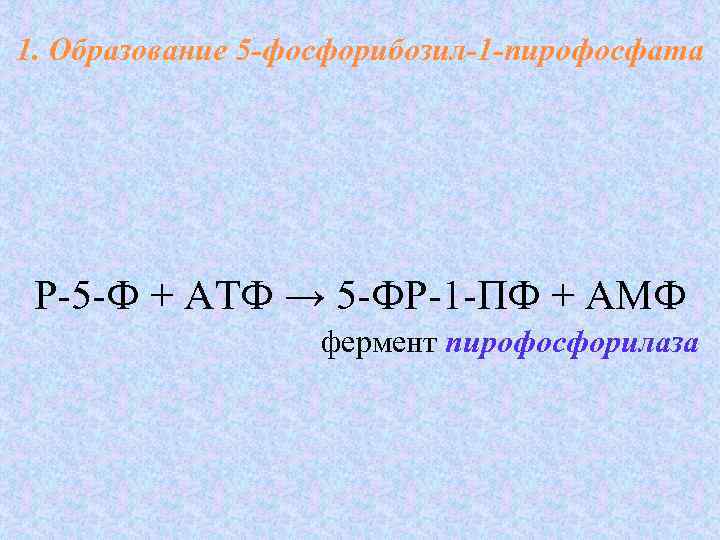 1. Образование 5 -фосфорибозил-1 -пирофосфата Р-5 -Ф + АТФ → 5 -ФР-1 -ПФ +