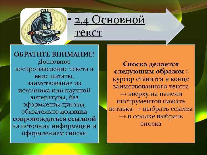  • 2. 4 Основной текст ОБРАТИТЕ ВНИМАНИЕ! Дословное воспроизведение текста в виде цитаты,