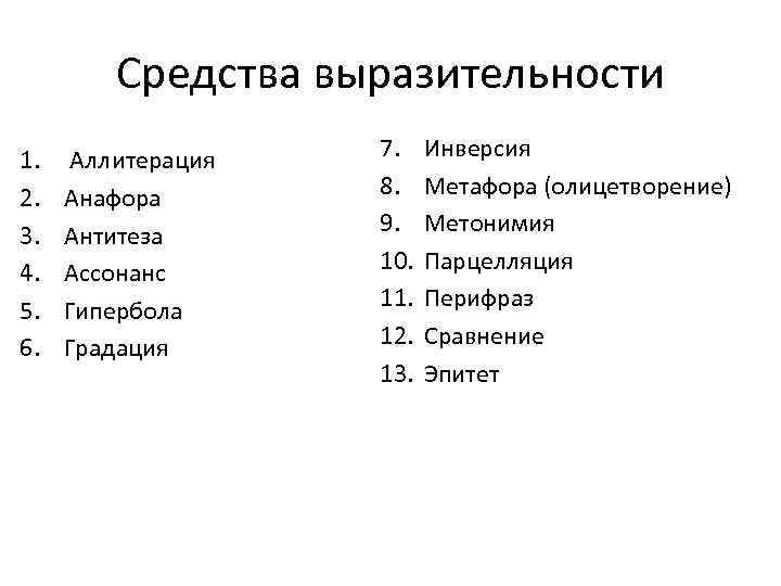 Средства выразительности 1. 2. 3. 4. 5. 6. Аллитерация Анафора Антитеза Ассонанс Гипербола Градация