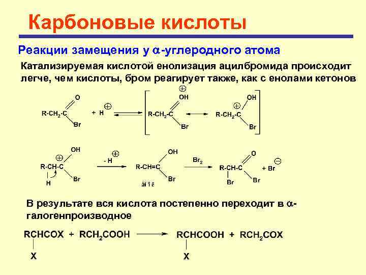 Карбоновые кислоты Реакции замещения у -углеродного атома Катализируемая кислотой енолизация ацилбромида происходит легче, чем