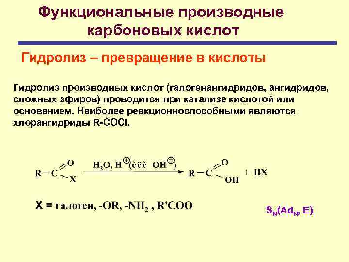 Функциональные производные карбоновых кислот Гидролиз – превращение в кислоты Гидролиз производных кислот (галогенангидридов, сложных