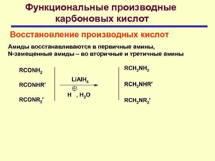 Функциональные производные карбоновых кислот Восстановление производных кислот Амиды восстанавливаются в первичные амины, N-замещенные амиды