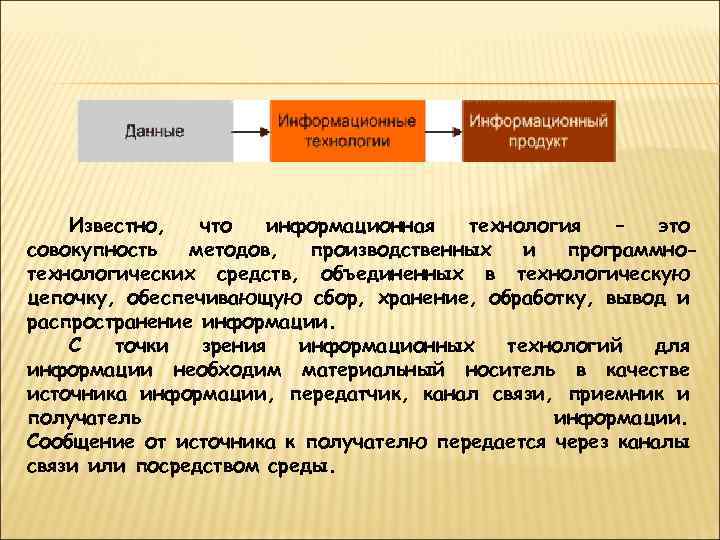 Известно, что информационная технология – это совокупность методов, производственных и программнотехнологических средств, объединенных в