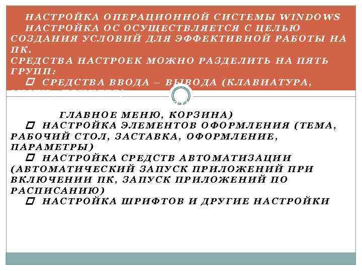 НАСТРОЙКА ОПЕРАЦИОННОЙ СИСТЕМЫ WINDOWS НАСТРОЙКА ОС ОСУЩЕСТВЛЯЕТСЯ С ЦЕЛЬЮ СОЗДАНИЯ УСЛОВИЙ ДЛЯ ЭФФЕКТИВНОЙ РАБОТЫ
